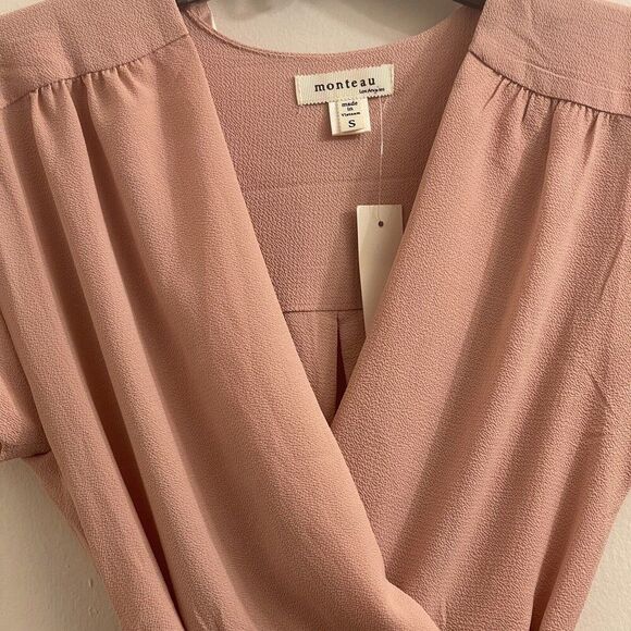Monteau Womens Surplice Blouse Pink Tied V Neckline Barbie Core Size Small NWT - Picture 5 of 12